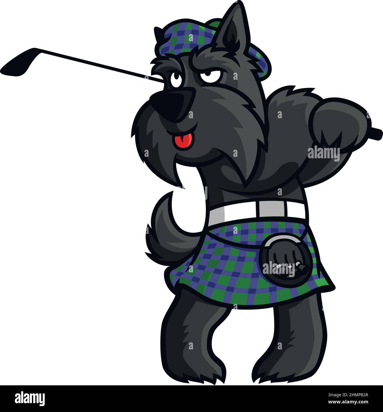 Ein schottischer Terrier Hund in Kilt spielt Golf mit einem Swing Stock Vektor