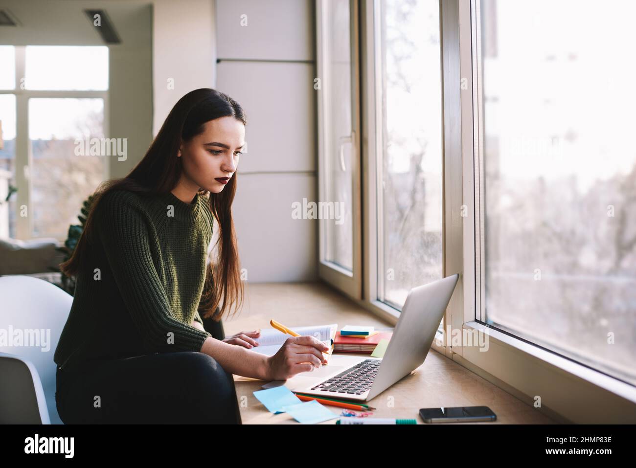 Ernsthafter Schüler, der in der Bibliothek mit einem Laptop arbeitet Stockfoto