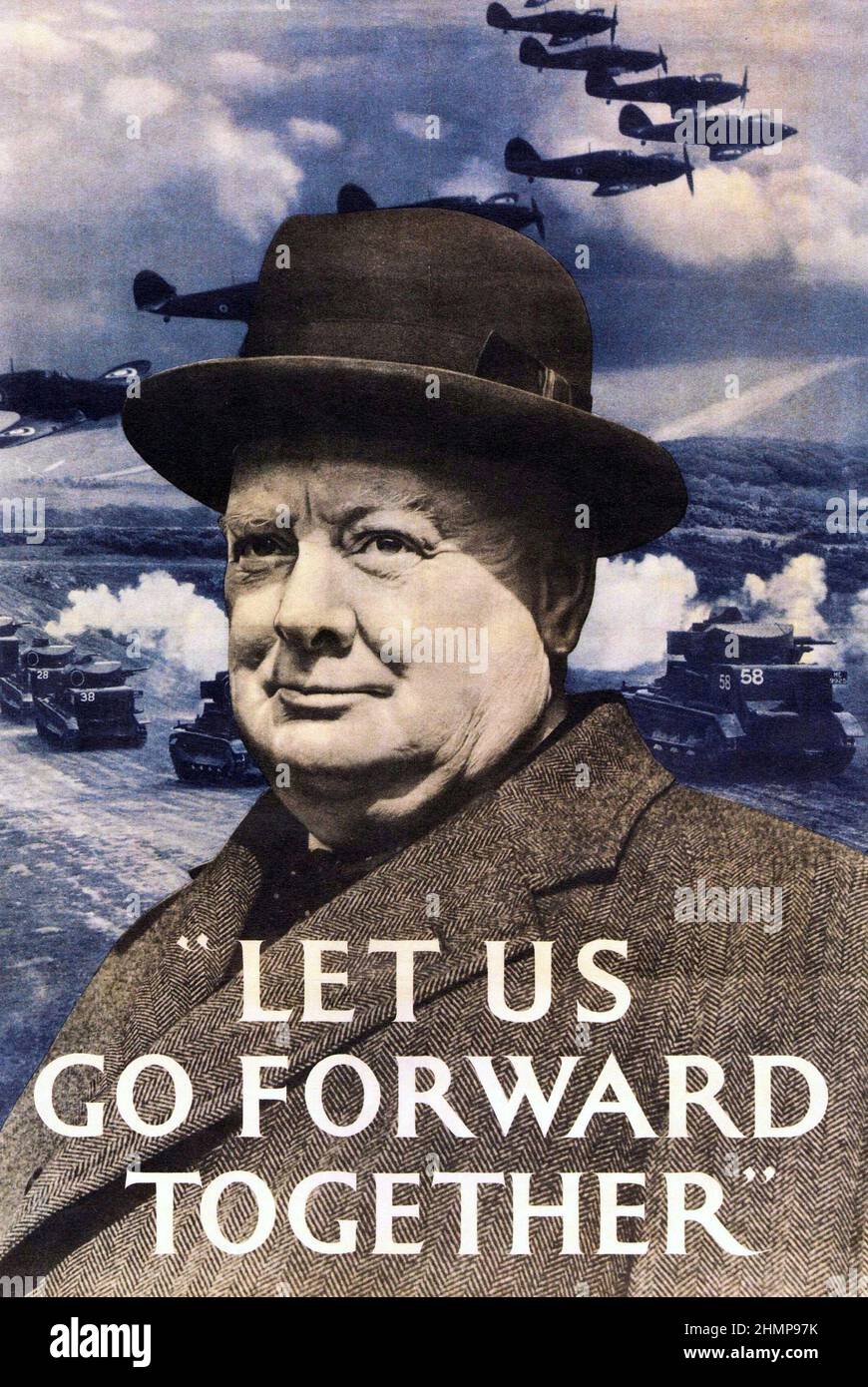 Winston Churchill 1874-1965 Motivationsposter, 1940. Erstellt von der britischen Regierung. „Lass uns gemeinsam vorangehen“ Stockfoto