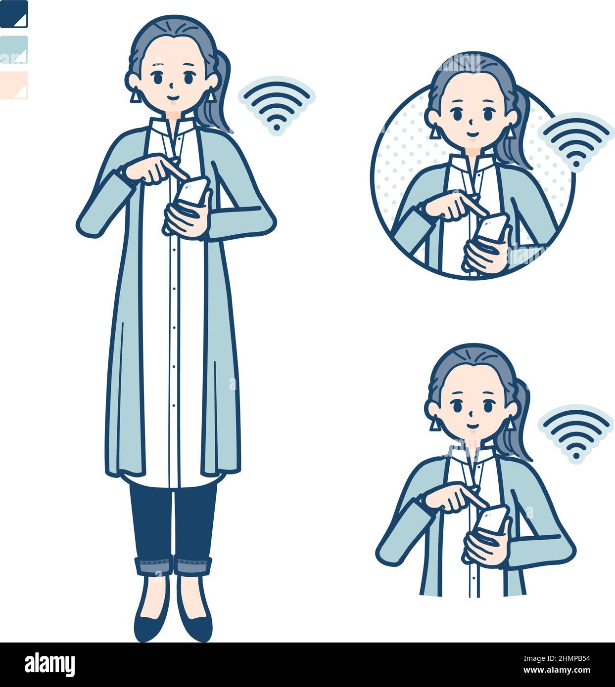 Eine Frau in einem langen Hemd mit Smartphone-Bildern bedienen.Es ist Vektorgrafik, so dass es einfach zu bearbeiten. Stock Vektor