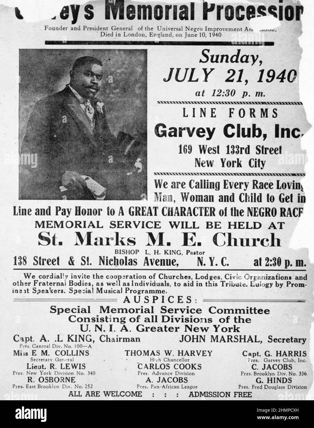 MARCUS GARVEY ( 1887-1940) Jamaikanischer Journalist, Verleger und politischer Aktivist starb am 10. Juni 1940. Plakat für eine New Yorker Gedenkprozession. Stockfoto