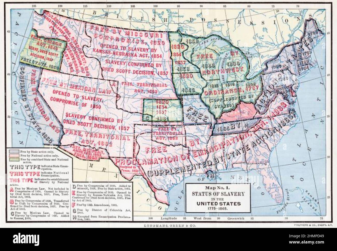 KARTE DER AMERIKANISCHEN SKLAVENSTAATEN, veröffentlicht im Jahr 1893 Stockfoto