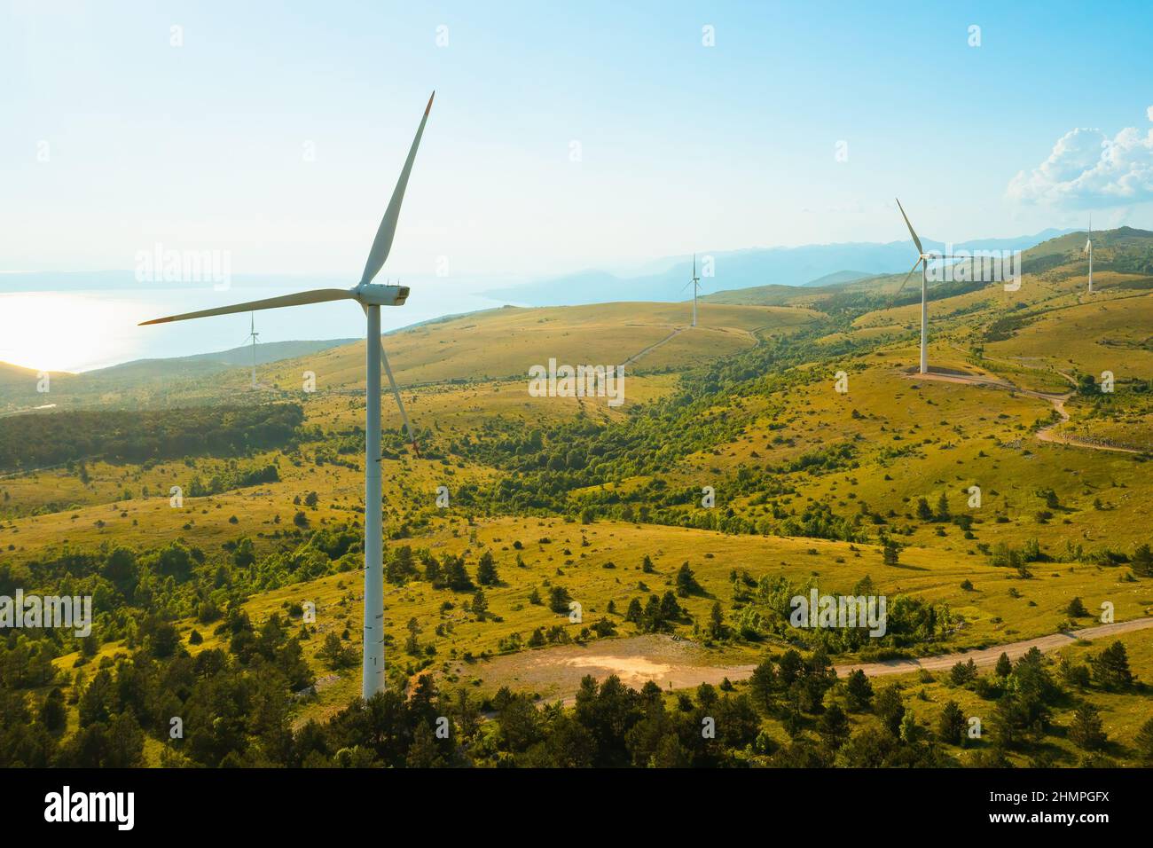 Windmaschinen produzieren in der Nähe der Adria auf einem elektrischen Windmühlenpark im Hochland, das von seltenen Wäldern bedeckt ist, in der Morgenansicht aus der Luft alternative Energie Stockfoto