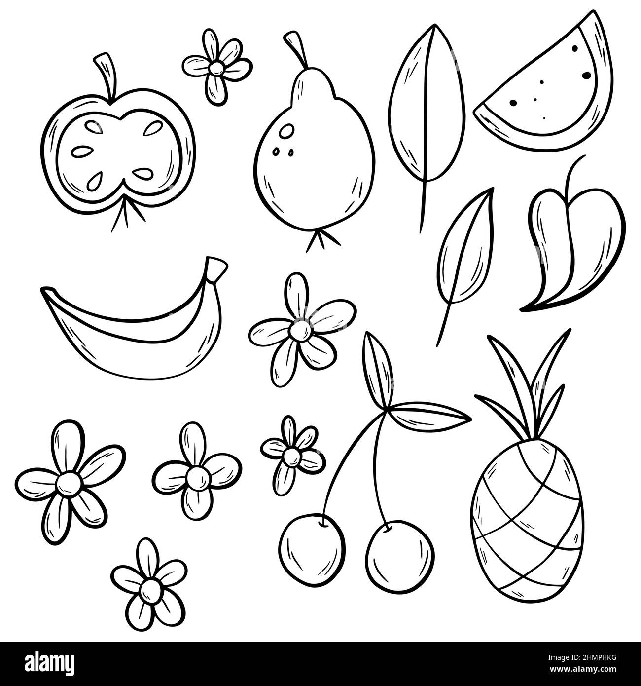 Schwarzer Umriss Doodle Fruit Set mit Ananas, Apfel, Birne, Wassermelone, Banane, Kirsche Stock Vektor