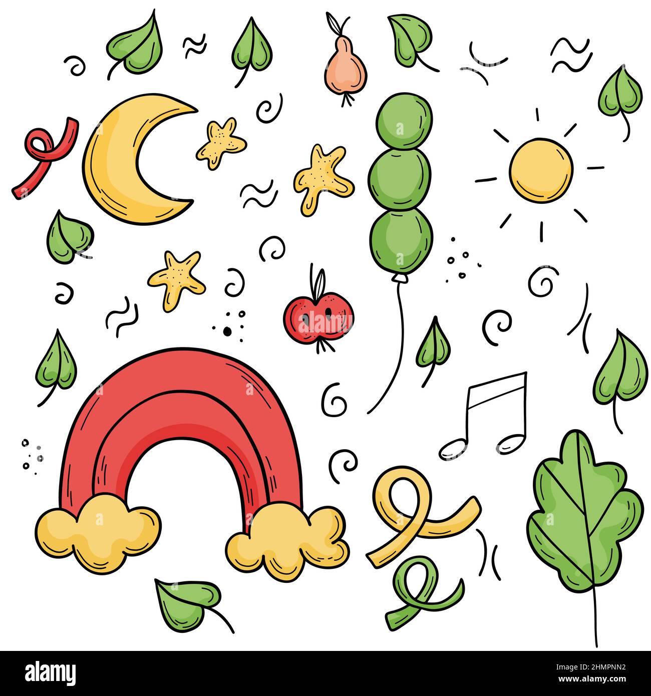 Doodle Kinderelemente mit Regenbogen, Blättern, Wolken, Mond und Sonne. Stock Vektor Doodle Kinderelemente mit Regenbogen, Blättern, Wolken, Mond und Sonne. Stock Vektor