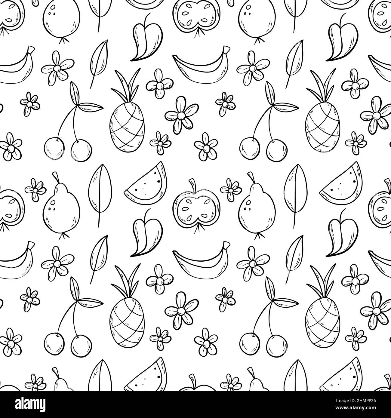 Schwarzer Umriss Doodle Frucht nahtloses Muster mit Ananas, Apfel, Birne, Wassermelone, Banane, Kirsche Stock Vektor