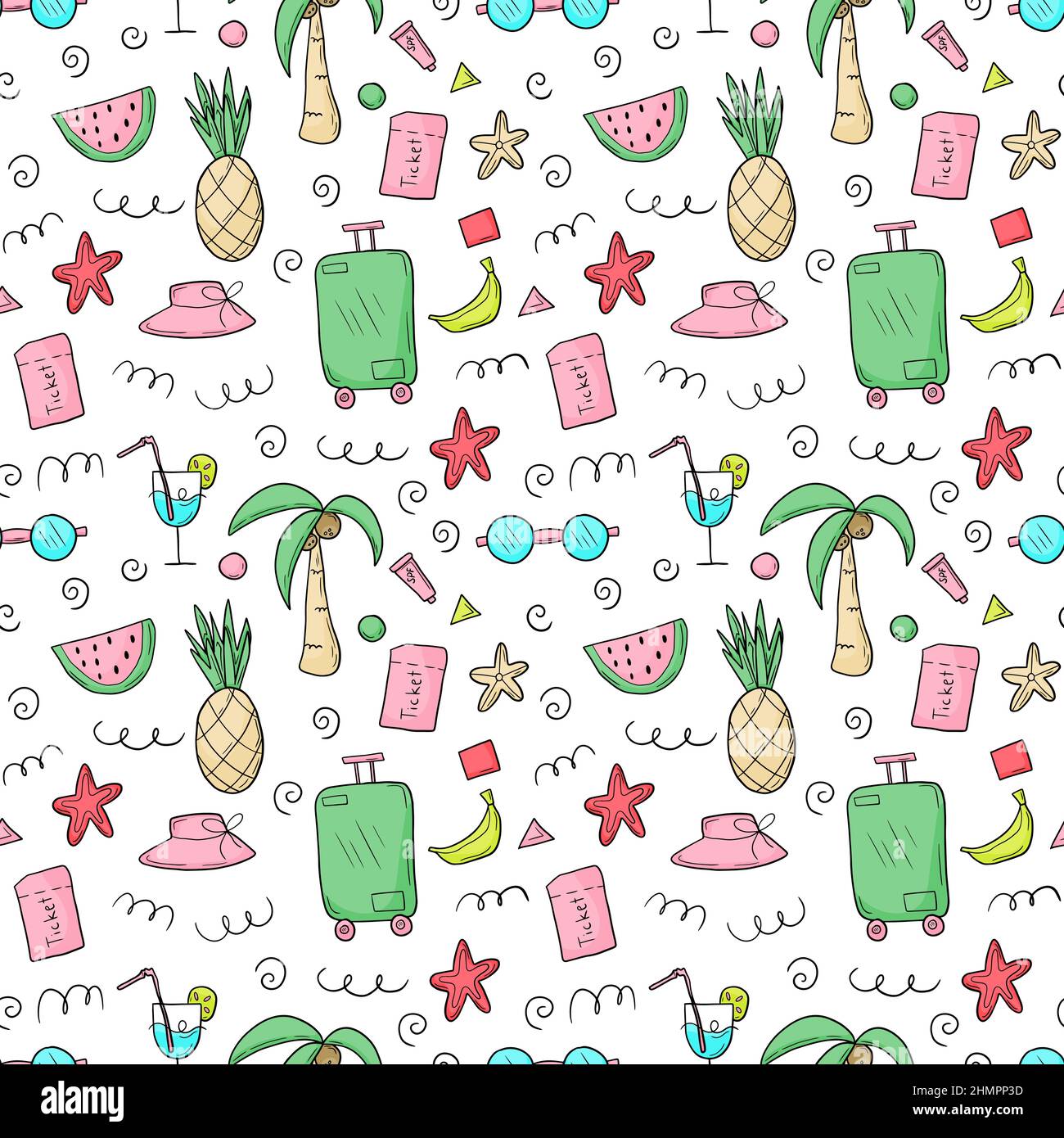 Doodle Skizze Stil handgezeichnete Satz von Reisen Sommer Urlaub Elemente nahtloses Muster. Stock Vektor