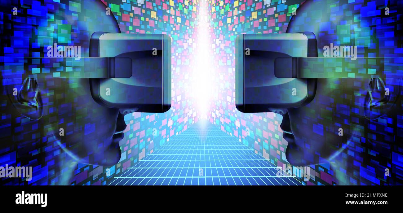 Virtual Reality Kommunikation und Metaverse VR oder Internet futuristisches Streaming-Medien-Symbol mit Medientechnik und Augmented Reality als zwei. Stockfoto