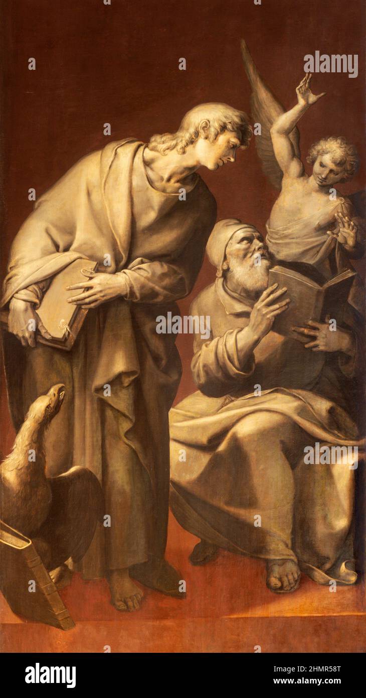 ANTWERPEN, BELGIEN - 4. SEPTEMBER 2013: Der Evangelist Johannes und Matthäus auf der Rückseite eines der Triptychons in der Kathedrale unserer Lieben Frau von Pepijn. M Stockfoto