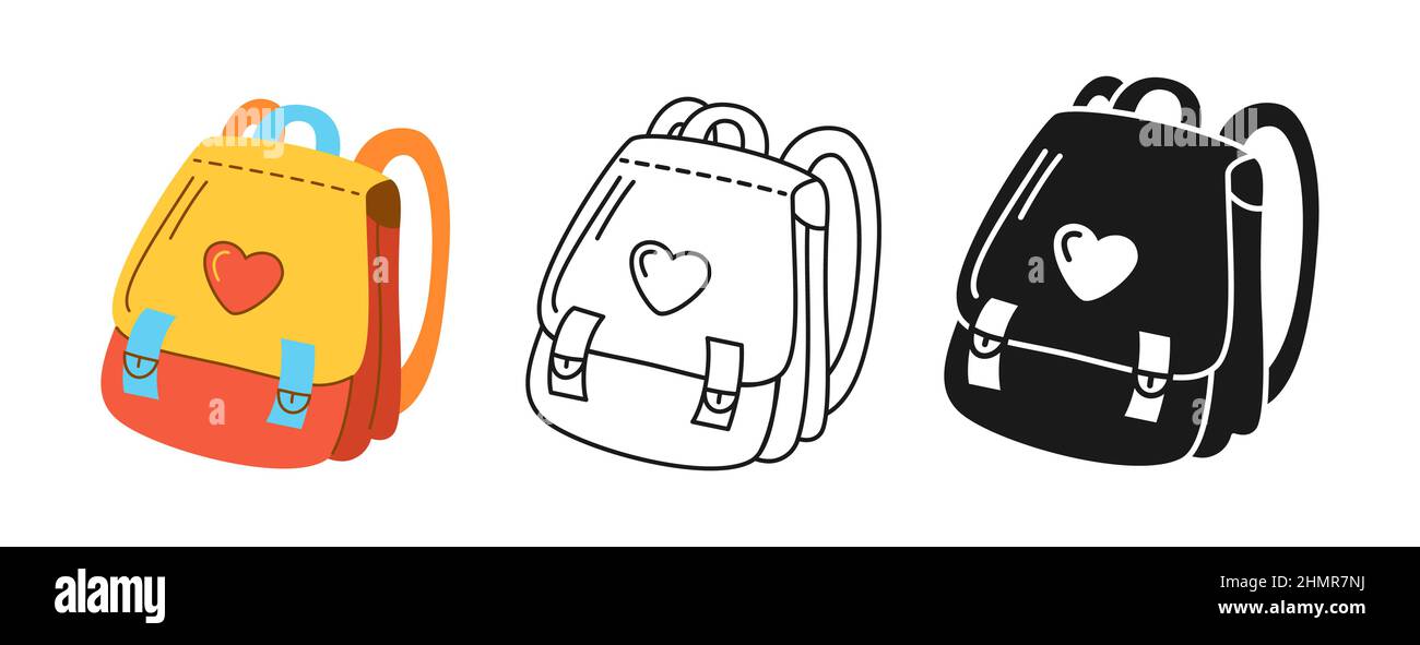 Rucksack Kinder Schule Symbol Cartoon Linie gezeichnet oder Stempel, Doodle-Set. Einfache Schildertasche für Schulkinder, Schüler, Reisende und Wandertouristensymbol. Design Web-, Mobil-, App-Vektor-Illustration Stock Vektor