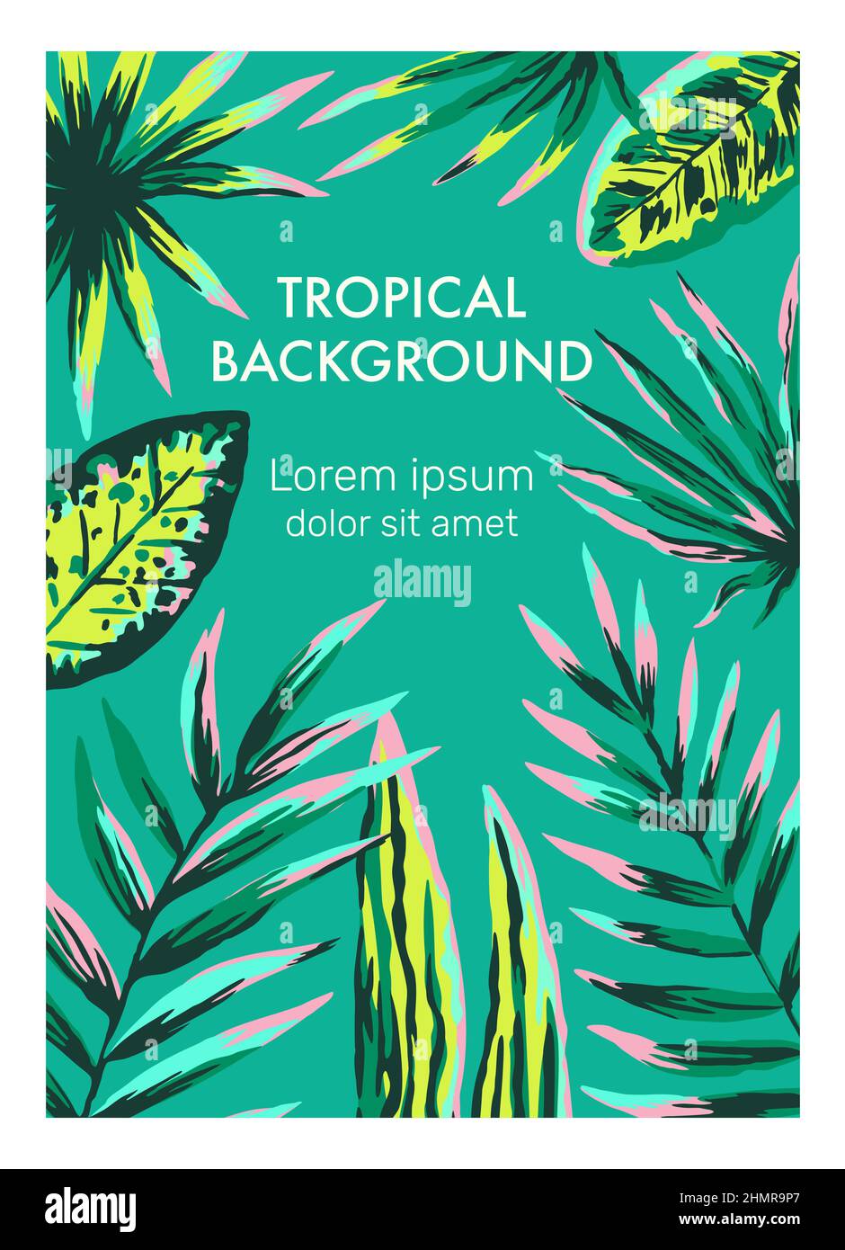 Original-Vektor-Vorlage mit handgezeichneten Neon-Dschungel-Palmblättern und Ästen. Sommer Natur Hintergrund. Stock Vektor