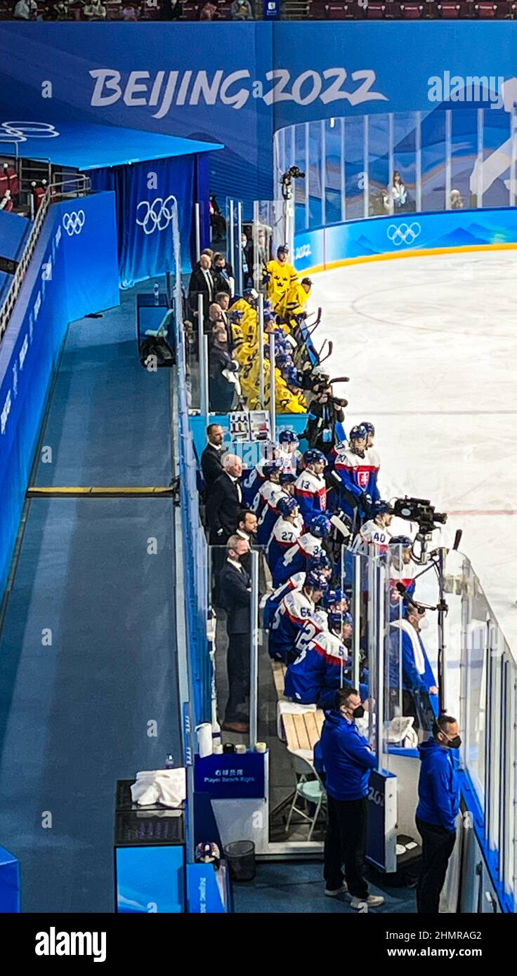 PEKING, CHINA - 12. FEBRUAR 2022 - während der Olympischen Winterspiele 2022 in Peking am 12. Februar 2022 findet in Peking, Chi, ein Eishockeyspiel statt Stockfoto