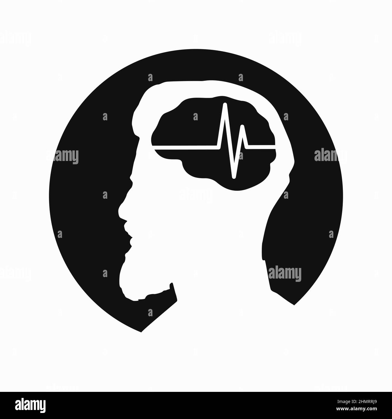 Illustration des medizinischen Vektor-Symbols für die Gehirnenzephälographie auf dem menschlichen Kopf, isoliert auf weißem Hintergrund. Schlaganfall, Epilepsie und Alzheimer-Bewusstsein Stock Vektor