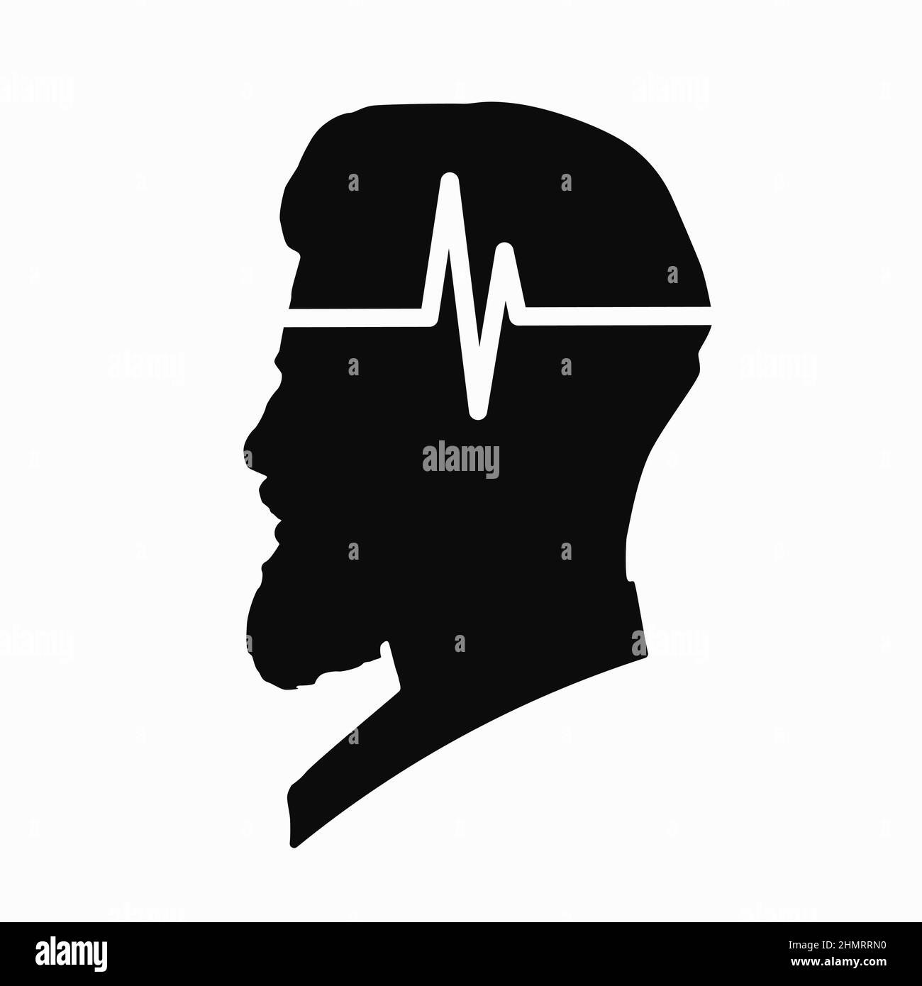Illustration des medizinischen Vektor-Symbols für die Gehirnenzephälographie auf dem menschlichen Kopf, isoliert auf weißem Hintergrund. Schlaganfall, Epilepsie und Alzheimer-Bewusstsein Stock Vektor