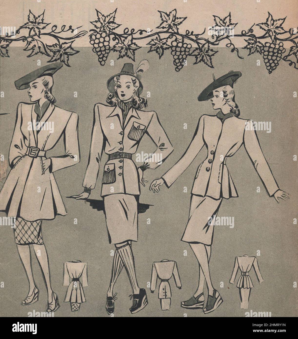 Weltkrieg ii, Werbung, historisch, Grafik-Design, Illustration, Ephemra, 1940s Modemagazin, Bekleidung, Publikation, 1940s, 1943 Zeitschrift, 20th Jahrhundert, Archiv, Kunstwerk, Design, Grafik, Kulturerbe, Geschichte, l ayout, Nostalgie, Kleidung, Damen, Dame, Zeitschrift, Stil, Stil Zeitschrift, Werbung, Anzeigen, Werbung, Werbung, Werbung, Mantel, Mäntel, weiblich, weiblich, Kleidung, Veröffentlicht, Typografie, Küche, Krieg, war Food, Monochrom, Druck, gedruckt, europa, europäisch, stricken, Dressmaking, Muster. ADDITIONAL-RIGHTS-CLEARANCE-INFO-NOT-AVAILABLE Stockfoto