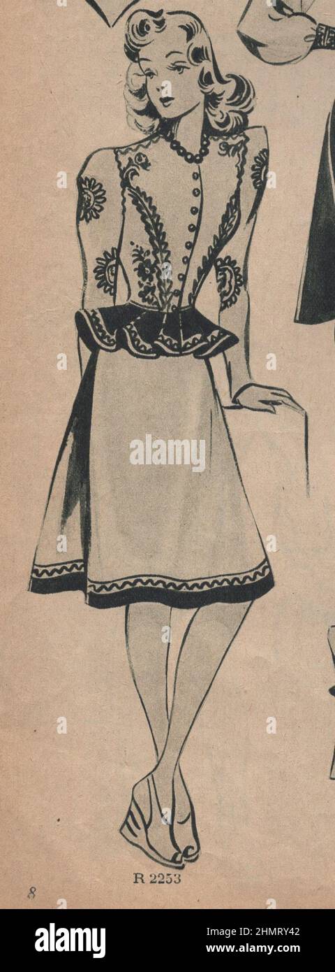 Weltkrieg ii, Werbung, historisch, Grafik-Design, Illustration, Ephemra, 1940s Modemagazin, Bekleidung, Publikation, 1940s, 1943 Zeitschrift, 20th Jahrhundert, Archiv, Kunstwerk, Design, Grafik, Kulturerbe, Geschichte, l ayout, Nostalgie, Kleidung, Damen, Dame, Zeitschrift, Stil, Stil Zeitschrift, Werbung, Anzeigen, Werbung, Werbung, Werbung, Mantel, Mäntel, weiblich, weiblich, Kleidung, Veröffentlicht, Typografie, Küche, Krieg, war Food, Monochrom, Druck, gedruckt, europa, europäisch, stricken, Dressmaking, Muster. ADDITIONAL-RIGHTS-CLEARANCE-INFO-NOT-AVAILABLE Stockfoto