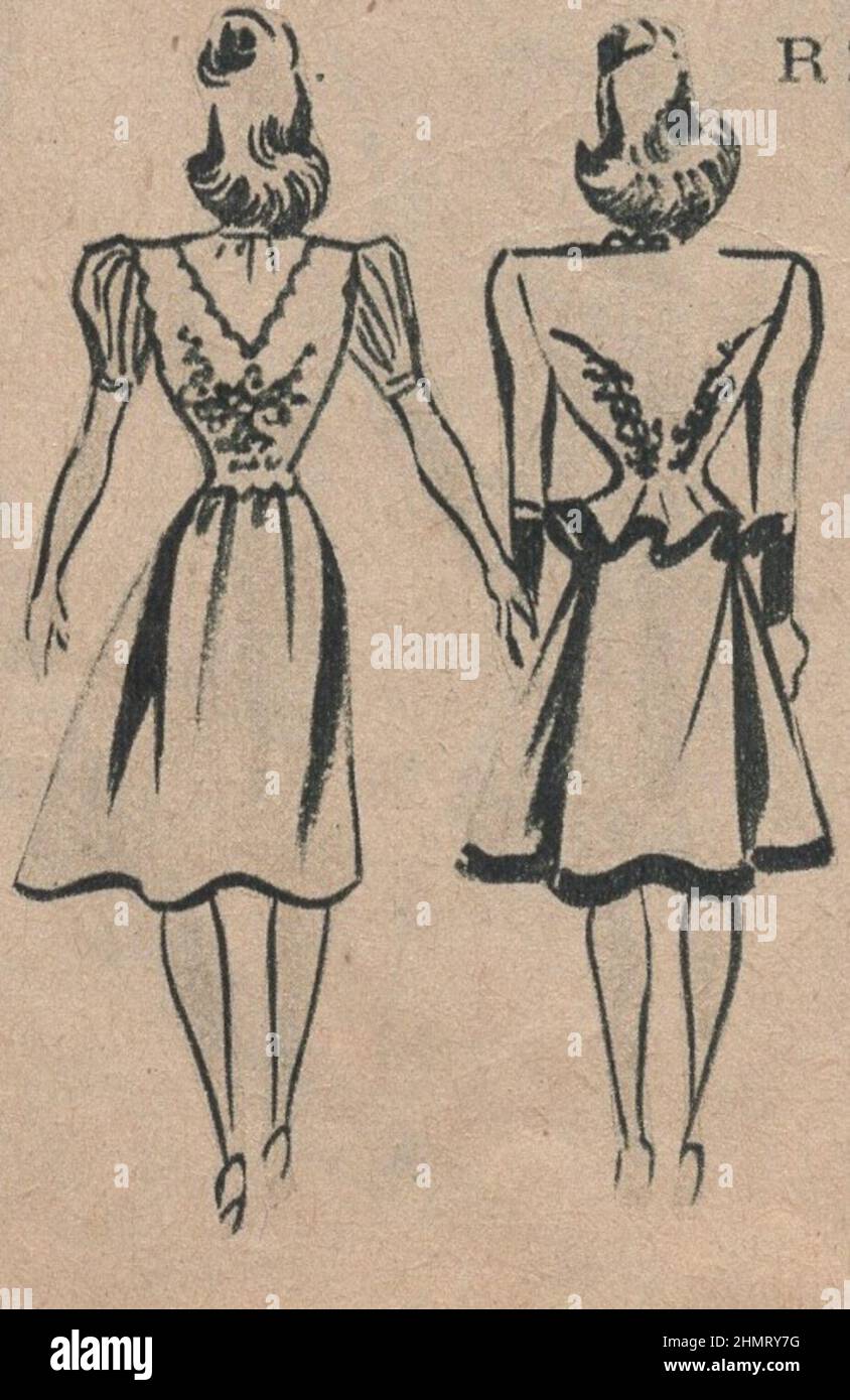 Weltkrieg ii, Werbung, historisch, Grafik-Design, Illustration, Ephemra, 1940s Modemagazin, Bekleidung, Publikation, 1940s, 1943 Zeitschrift, 20th Jahrhundert, Archiv, Kunstwerk, Design, Grafik, Kulturerbe, Geschichte, l ayout, Nostalgie, Kleidung, Damen, Dame, Zeitschrift, Stil, Stil Zeitschrift, Werbung, Anzeigen, Werbung, Werbung, Werbung, Mantel, Mäntel, weiblich, weiblich, Kleidung, Veröffentlicht, Typografie, Küche, Krieg, war Food, Monochrom, Druck, gedruckt, europa, europäisch, stricken, Dressmaking, Muster. ADDITIONAL-RIGHTS-CLEARANCE-INFO-NOT-AVAILABLE Stockfoto