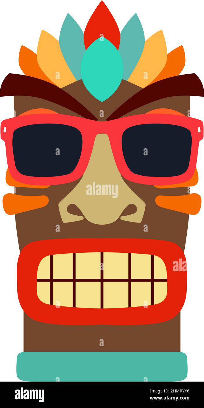 Illustration der Tiki-Maske in Sonnenbrillen. Für T-Shirt, Poster, Karte, Banner, Logo. Vektorgrafik Stock Vektor