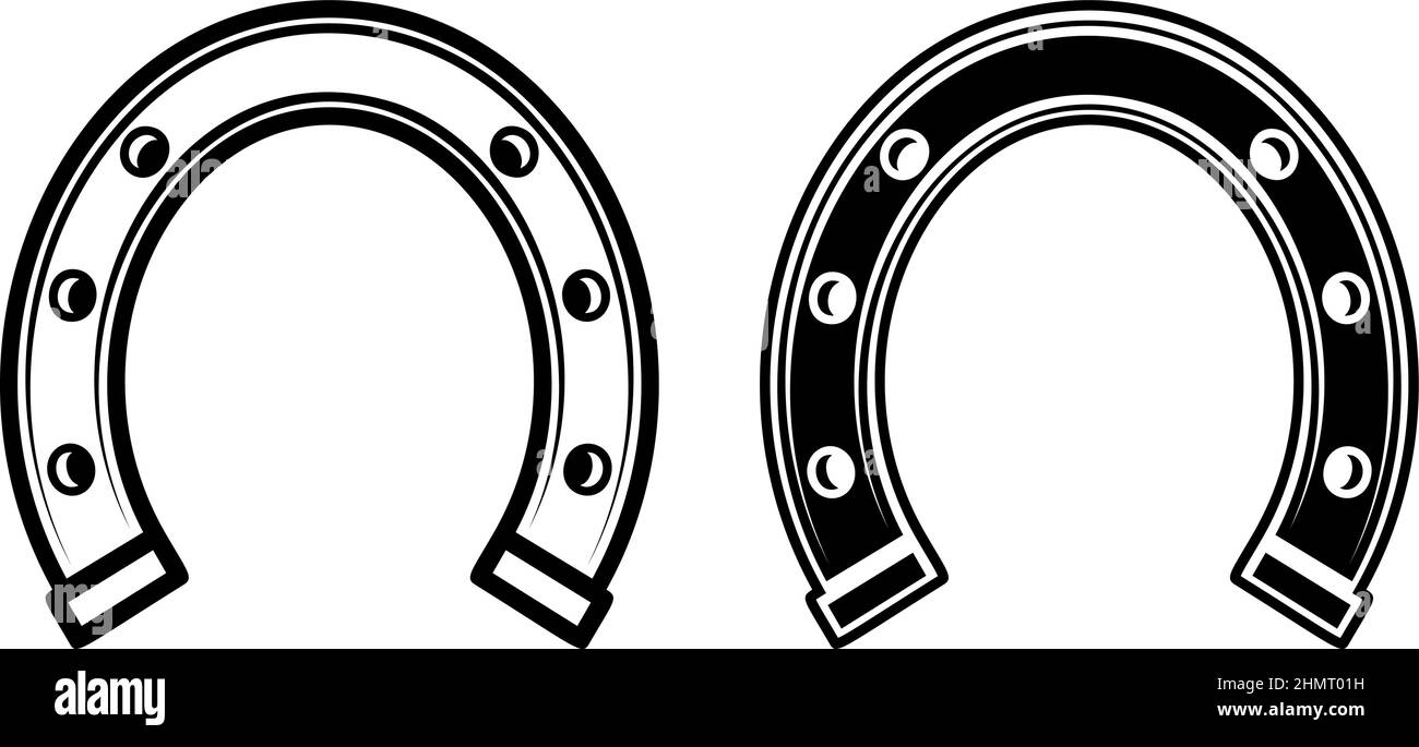 Illustration eines Pferdehuhs im monochromen Vintage-Stil. Gestaltungselement für Logo, Etikett, Schild, Emblem, Plakat. Vektorgrafik Stock Vektor