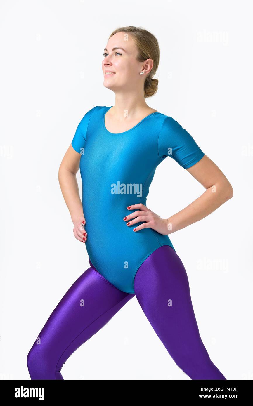 Workout, Frau trägt ein glänzendes Spandex-Trikot und Leggings, Sportbekleidung der 80s/90s Stockfoto