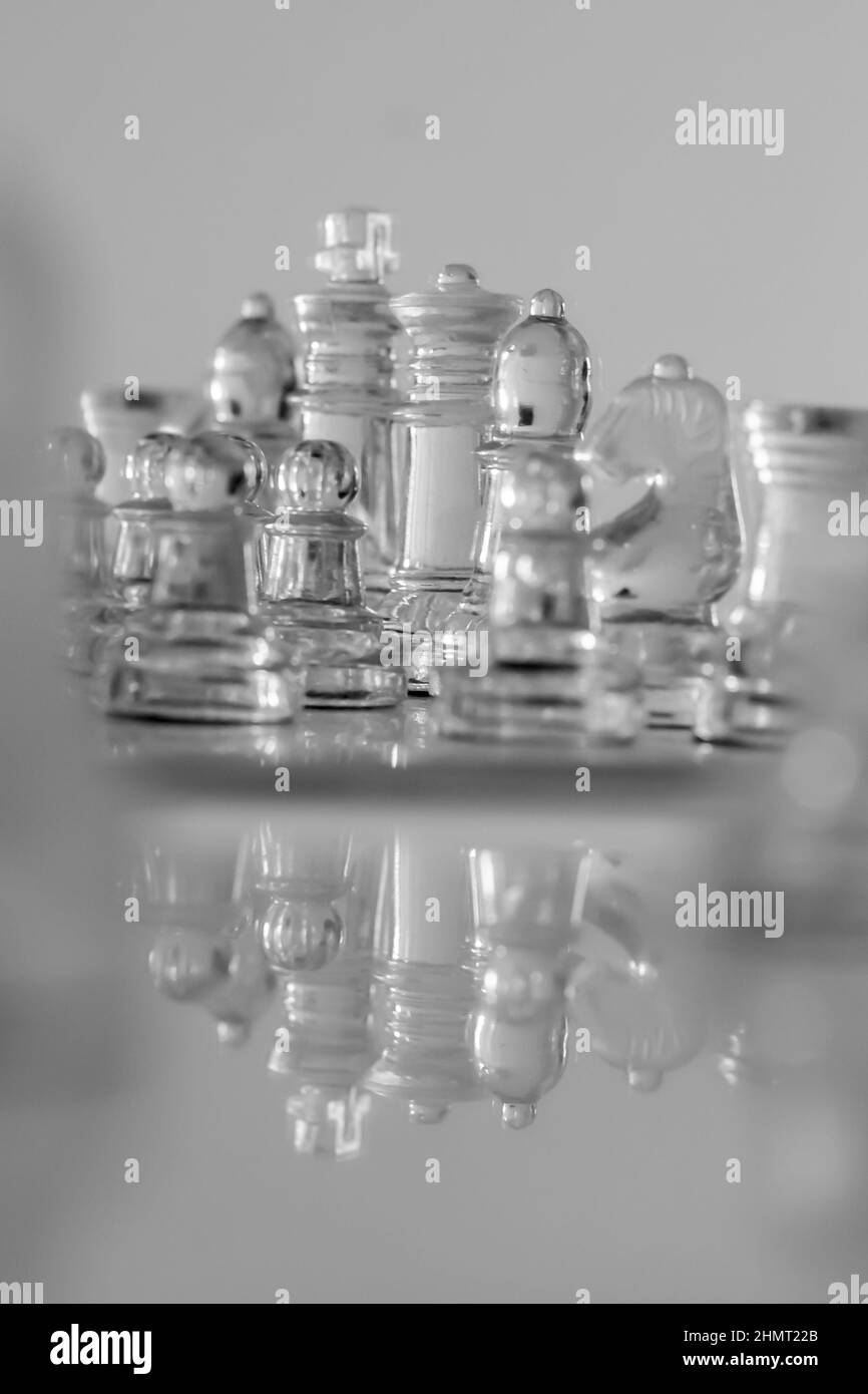 Reflektierte Schachfiguren aus Glas verschwommen den Vordergrund mit der Königin und dem König fokussiert. Graustufen färben weißen Hintergrund. Stockfoto