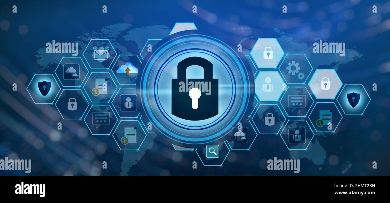 Entsperrt sperren Internet Presse im Internet zu kommunizieren. Cyber Security Konzept hand Protection Network mit Schloss und einem virtuellen Bildschirmen Raum p Stockfoto