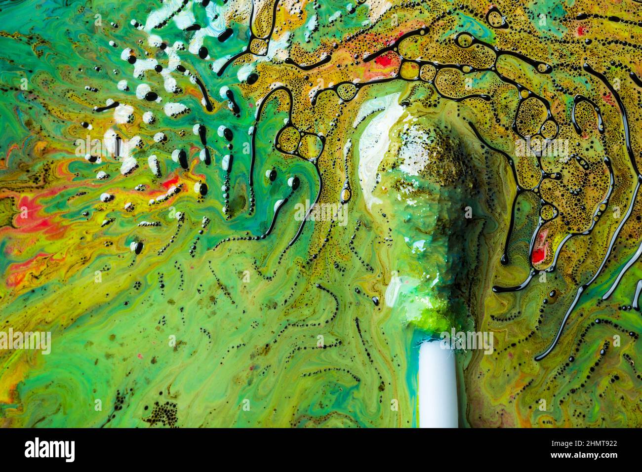 Abstrakte KUNST. Wirbelndes, künstlerisches Design mit bunten Ölfarben, die erstaunlich komplexe Strukturen mit Ferrofluid bilden. Stockfoto