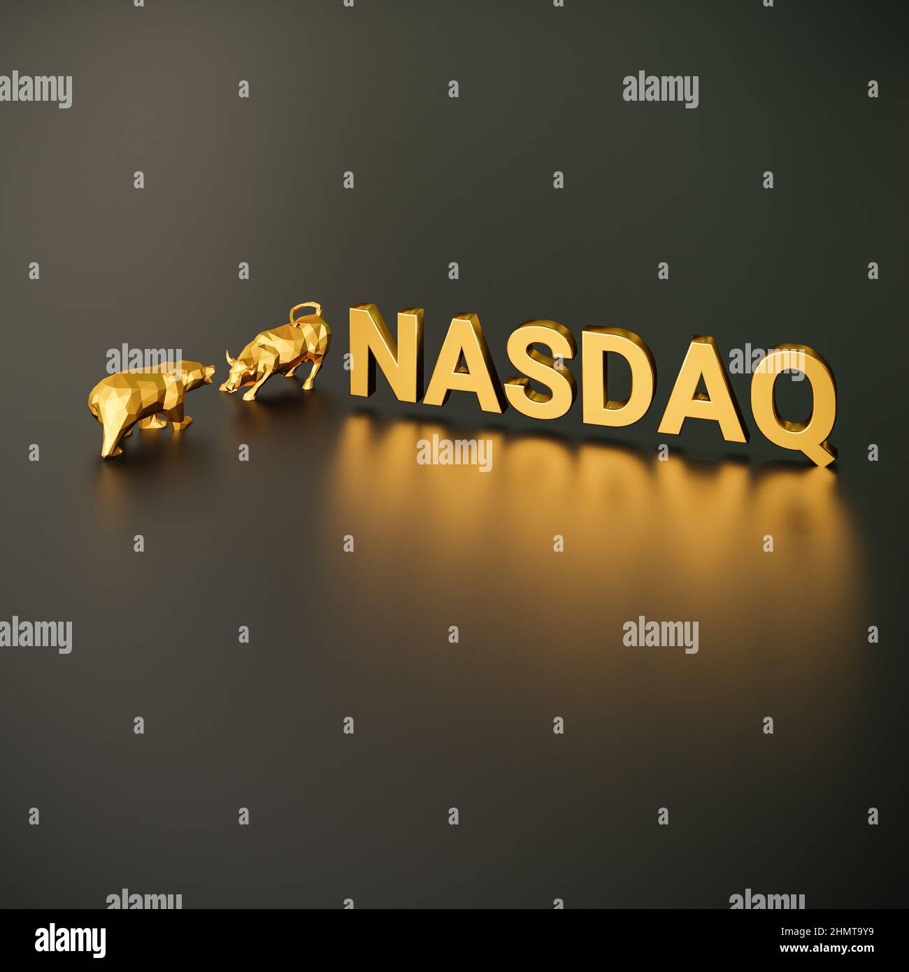 NASDAQ-Aktienindex-Konzept. Ein Bulle und Bär neben dem goldenen Text NASDAQ (US-Aktienindex für Technologieunternehmen, genannt „National Association of SE“ Stockfoto