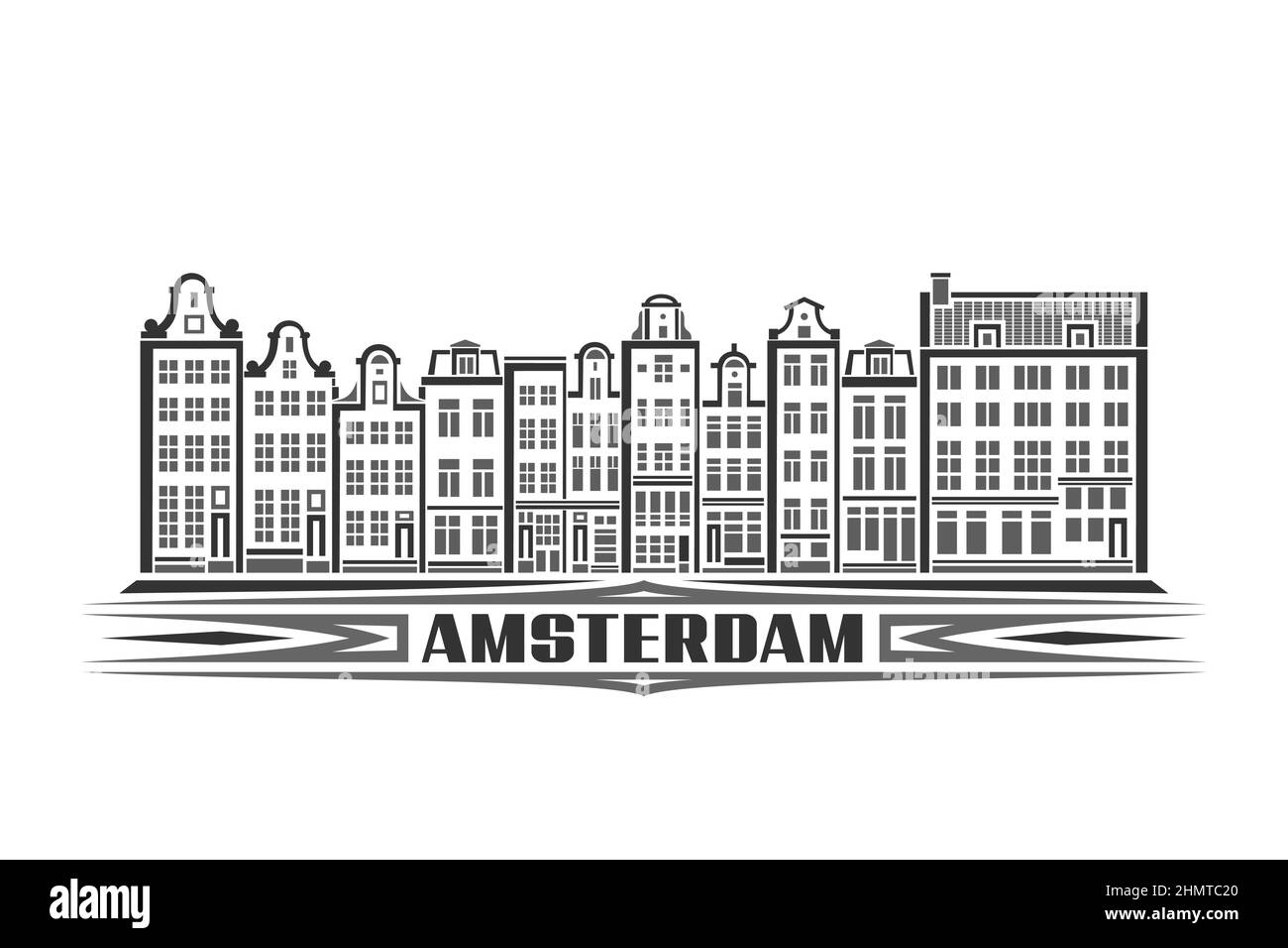 Vektordarstellung von Amsterdam, monochromes horizontales Poster mit linearem Design amsterdamer Stadtlandschaft, urbanes Linienkunstkonzept mit dekorativen Schriftzügen Stock Vektor