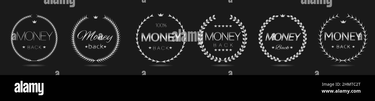 Geld zurück Silber Lorbeerkranz Label-Set Stock Vektor