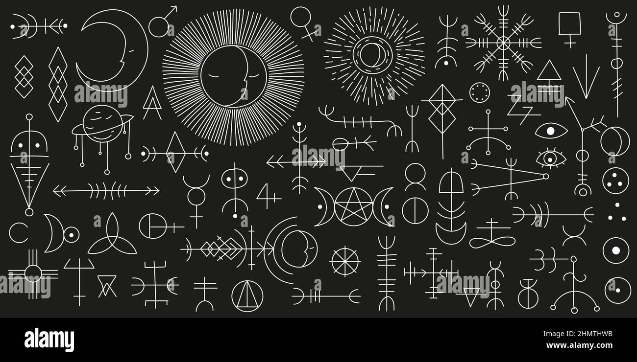 Eine große Reihe von verschiedenen magischen Symbolen und Zeichen. Esoterische Elemente, Magie, Zauberei. Handgezeichnete verschiedene magische Objekte. Vektorgrafik. Stock Vektor
