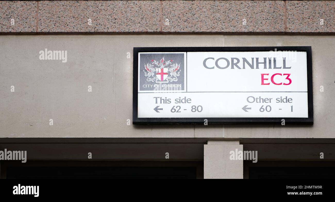 Straßenschild in Richtung Cornhill, EC3, in der City of london, England. Stockfoto