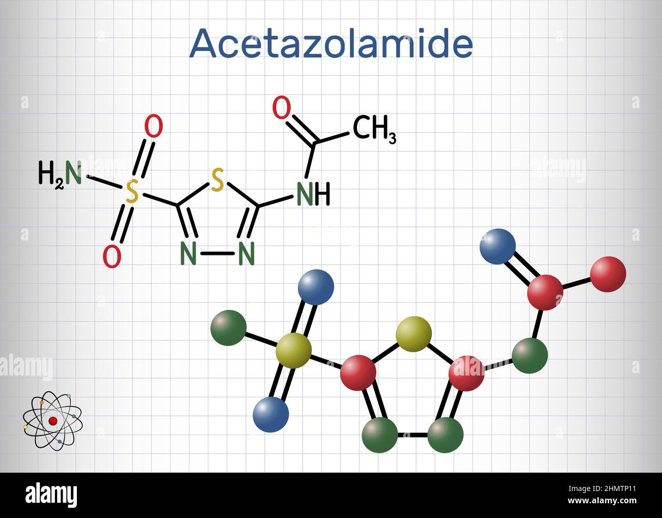 Acetazolamid-Molekül. Es handelt sich um einen carbonischen Anhydrase-Hemmer, der zur Behandlung von Ödemen aufgrund von Herzinsuffizienz, bestimmten Epilepsie-Typen und Glaukom verwendet wird. Struktureller che Stock Vektor