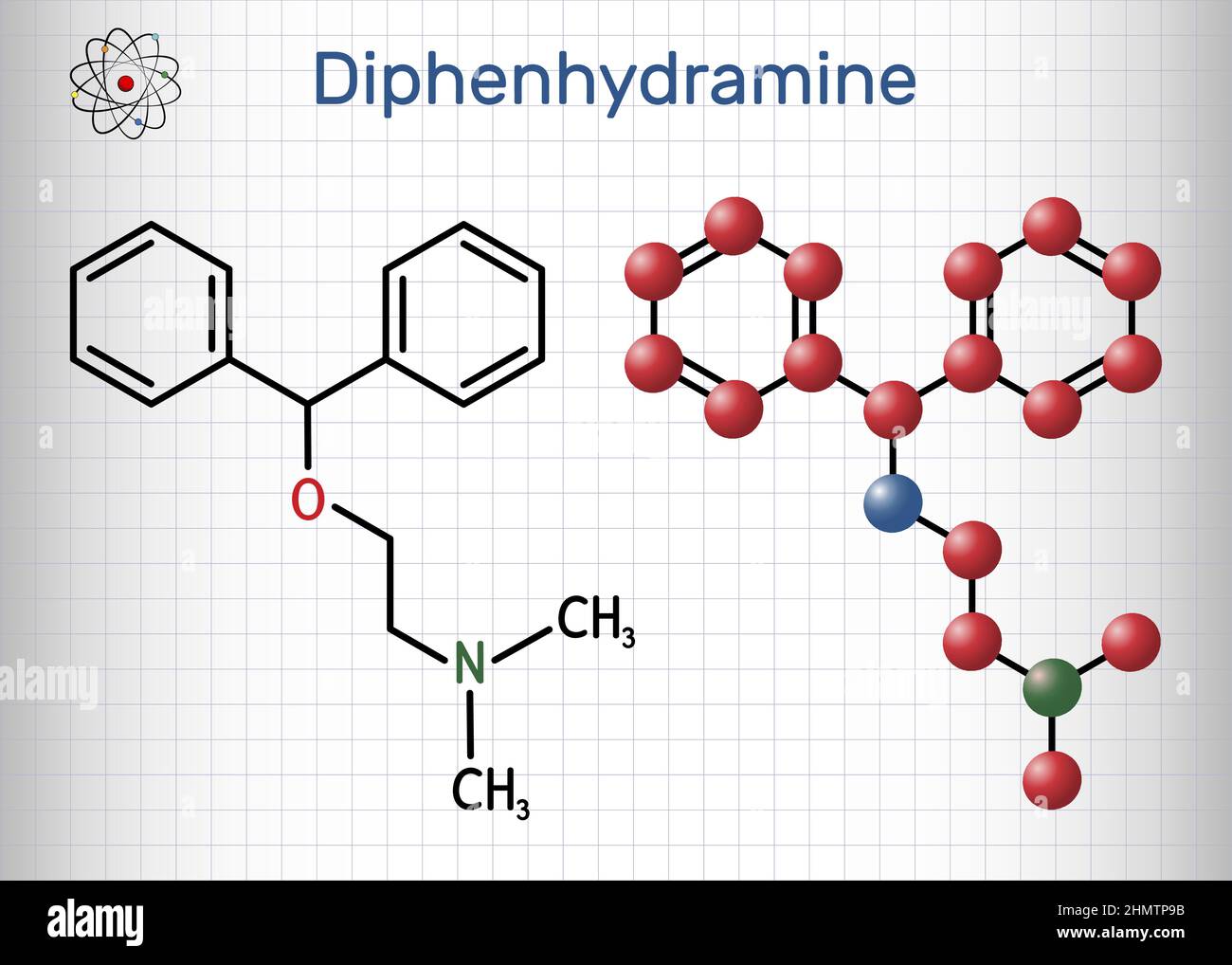 Diphenhydramin, Molekül. Es ist ein H1-Rezeptor-Antihistamin, das bei der Behandlung von saisonalen Allergien eingesetzt wird. Strukturelle chemische Formel und Molekülmodell Stock Vektor