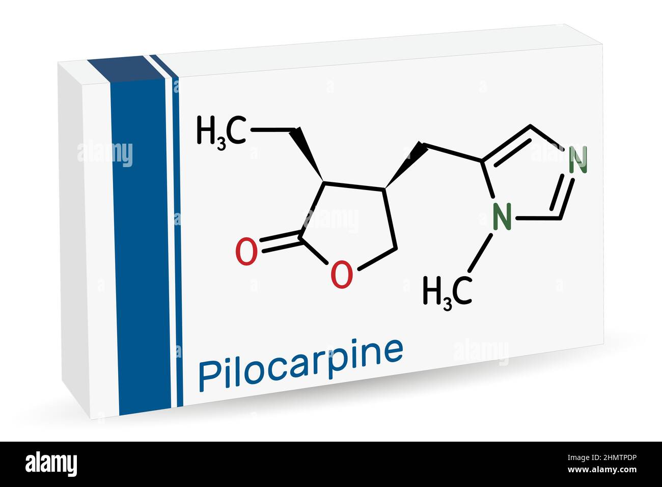 Pilocarpin-Molekül. Es ist ein natürliches Alkaloid, das am Auge zur Behandlung eines erhöhten Augeninnendrucks, Glaukoms, verwendet wird. Chemische Formel des Skeletts. Papierverpackung Stock Vektor