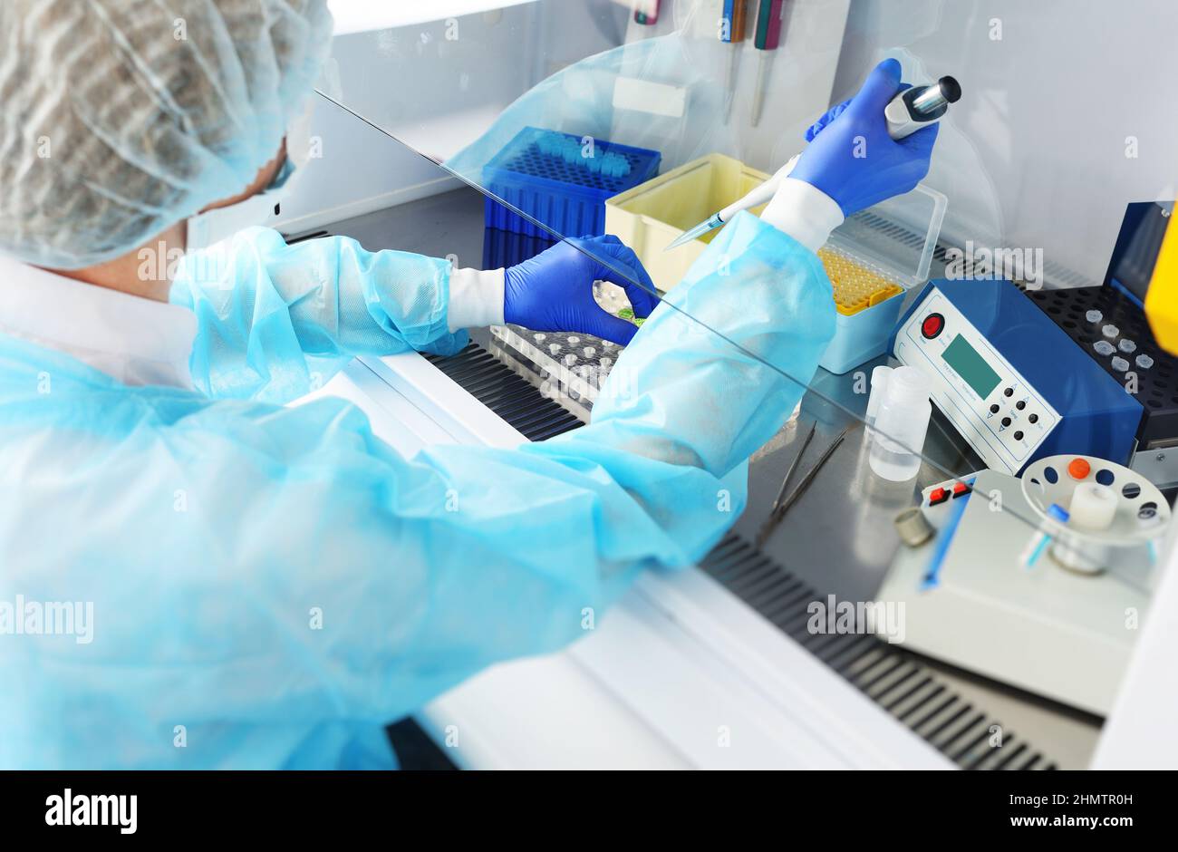 Der Arzt des PCR-Labors führt eine Studie durch, in der er einen Spender in der Hand hält. Stockfoto