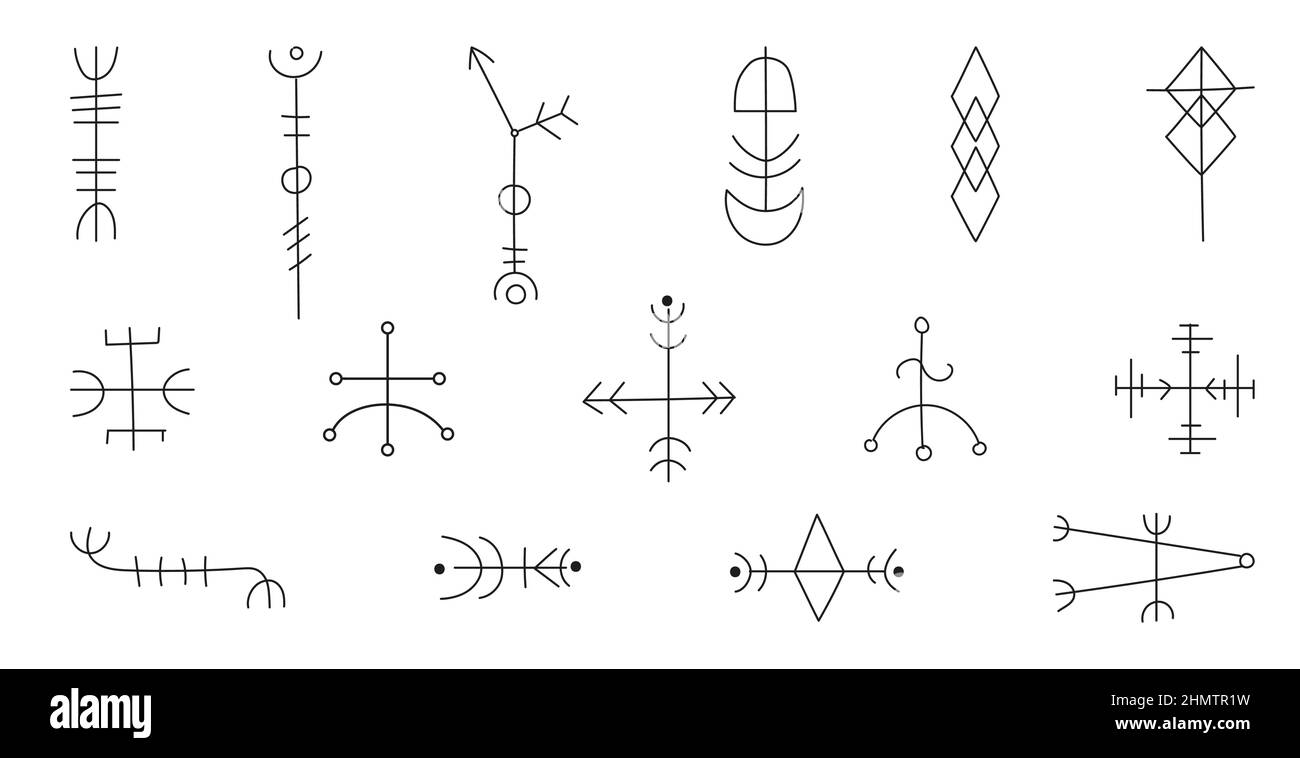 Eine große Reihe von verschiedenen magischen Symbolen und Zeichen. Esoterische Elemente, Magie, Zauberei. Handgezeichnete verschiedene magische Objekte. Vektorgrafik. Stock Vektor