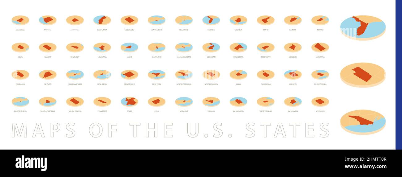 Set aus orangefarbener runder Karte im isometrischen Stil, Karten der Staaten der Vereinigten Staaten. Karten für Web, Infografik und mehr. Stock Vektor