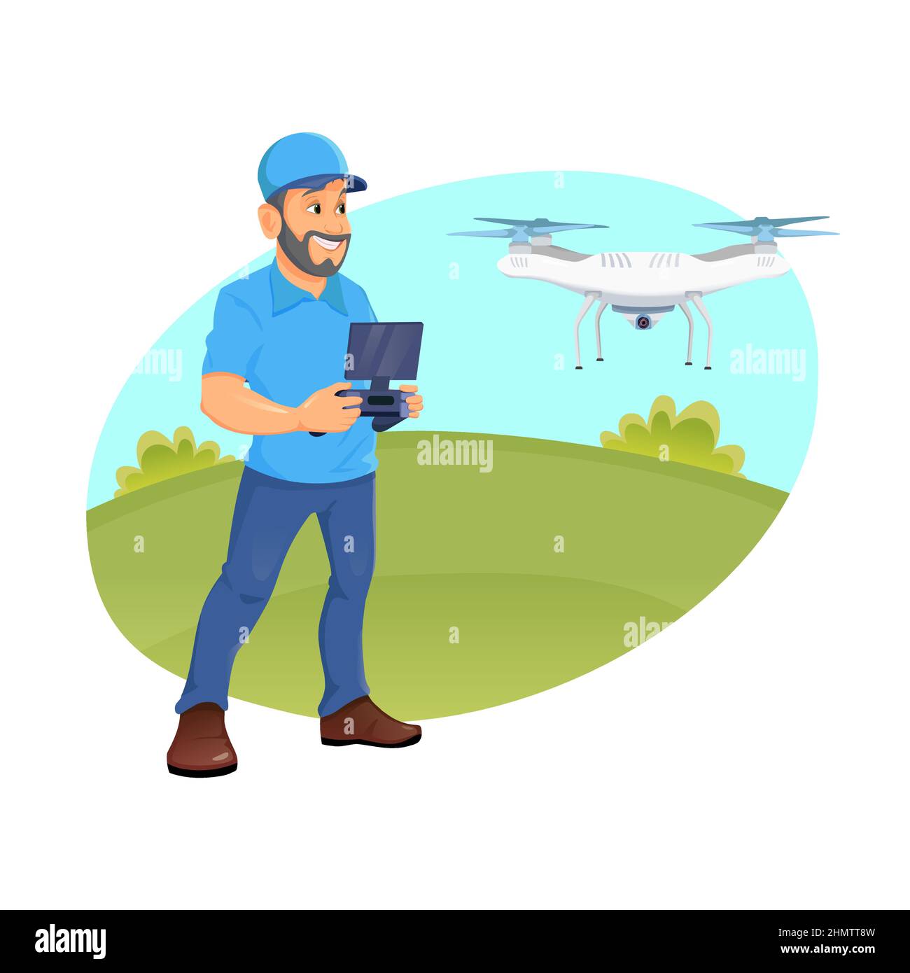 Ein junger Mann, der eine Drohne mit Fernbedienung fliegt. Kaukasischer Mann, der eine Drohne mit Fernbedienung betreibt. Der fröhliche Mann, der eine Drohne kontrolliert. Stock Vektor