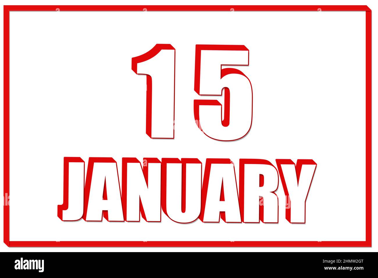 15th Tage im Januar. kalender 3D mit dem Datum des 15. Januar auf weißem Hintergrund mit rotem Rahmen. 3D Text. Abbildung. Wintermonat, Tag des Jahres Stockfoto