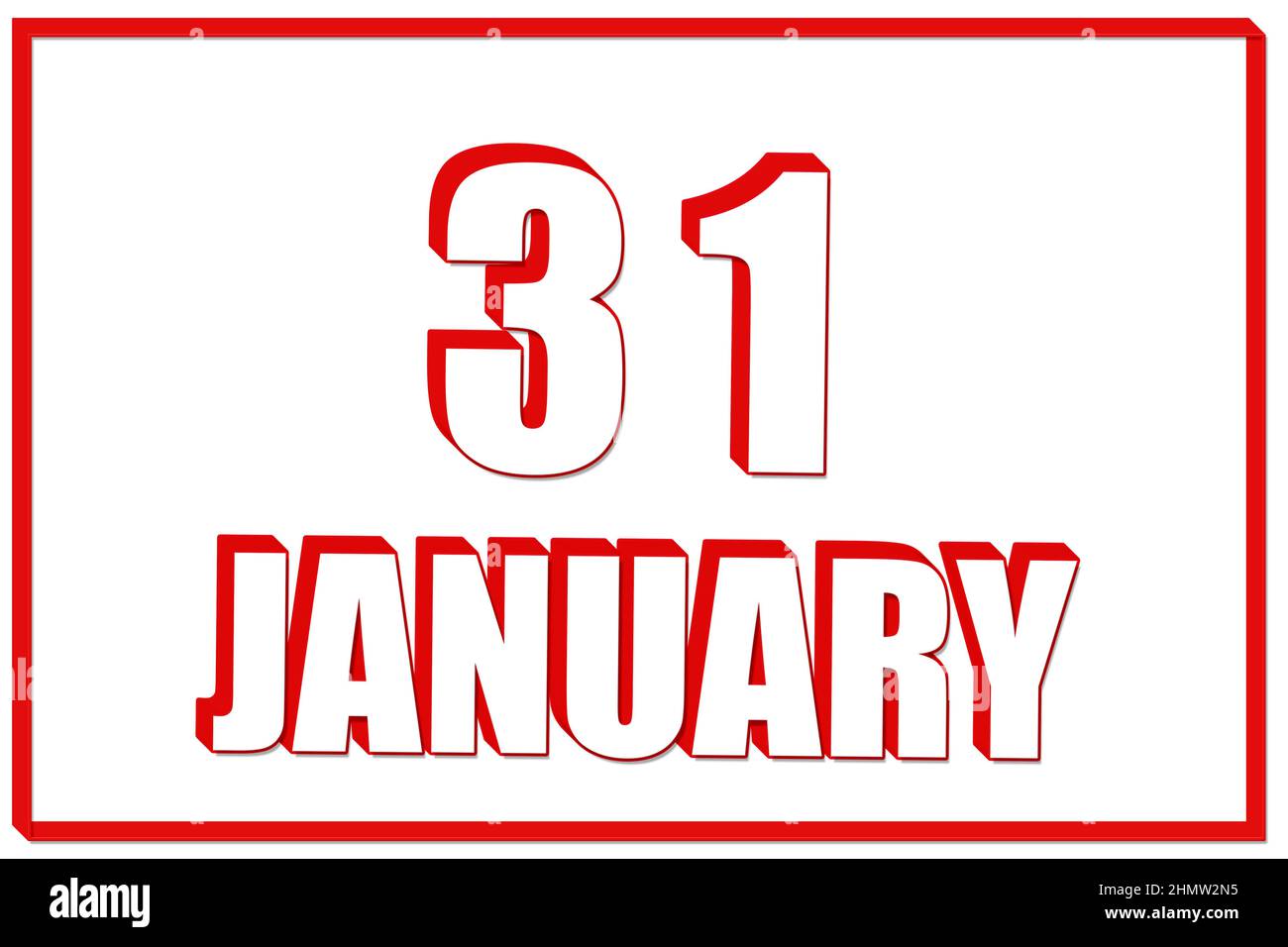 31st Tage im Januar. kalender 3D mit dem Datum des 31. Januar auf weißem Hintergrund mit rotem Rahmen. 3D Text. Abbildung. Wintermonat, Tag des Jahres Stockfoto