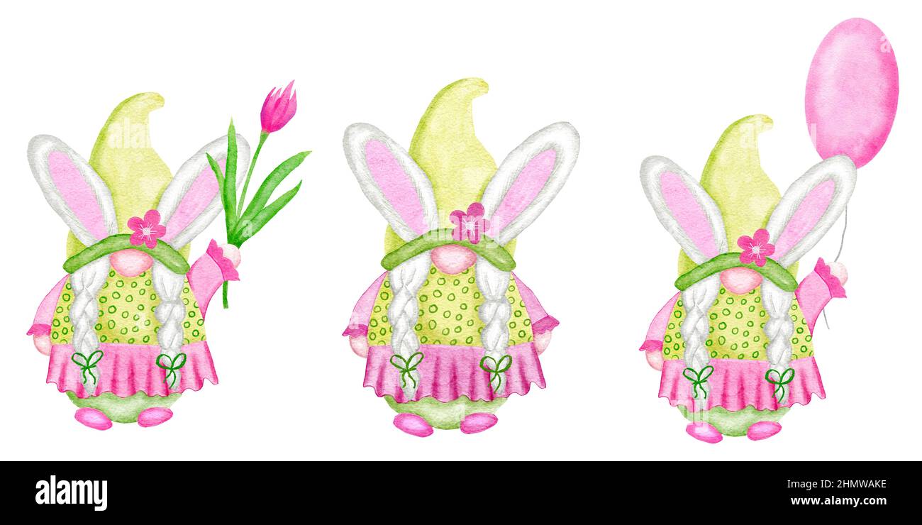 Aquarell handgezeichnete Illsutation von Ostergnomen in niedlichen kawaii rosa und grünen Kleidern. Skandinavische nordische Grnomen mit Blumen Ballons Bunny Ohren. Design für ostern Party Einladungen lustige Karten Stockfoto