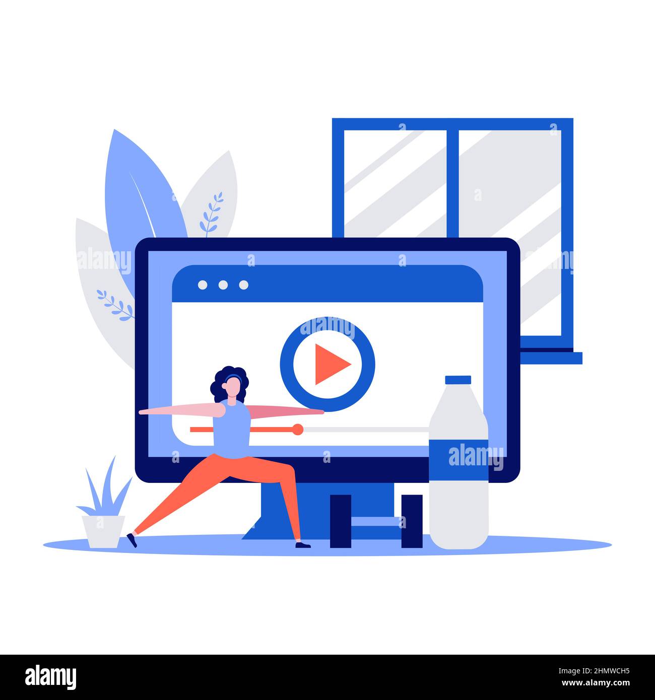 Fitness und gesundes Sportkonzept mit Charakter und Hantel. Frau, die zu Hause trainiert und Videos im Computer ansieht. Moderne Vektordarstellung in f Stock Vektor