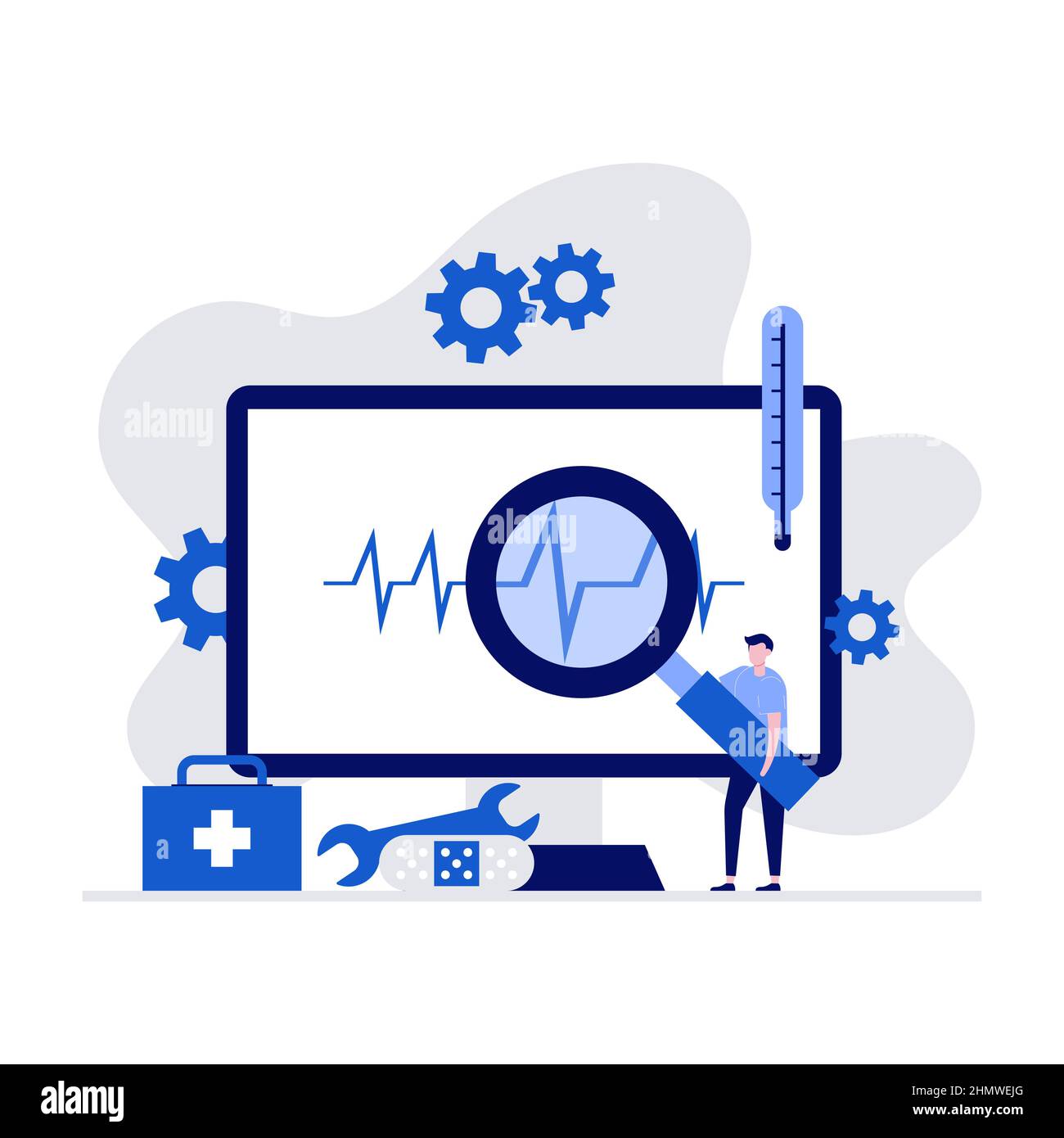 Computerreparatur, Computerservice, Diagnosekonzepte mit Charakter und Monitor. Moderne Vektordarstellung im flachen Stil für Landing Page, mobil Stock Vektor