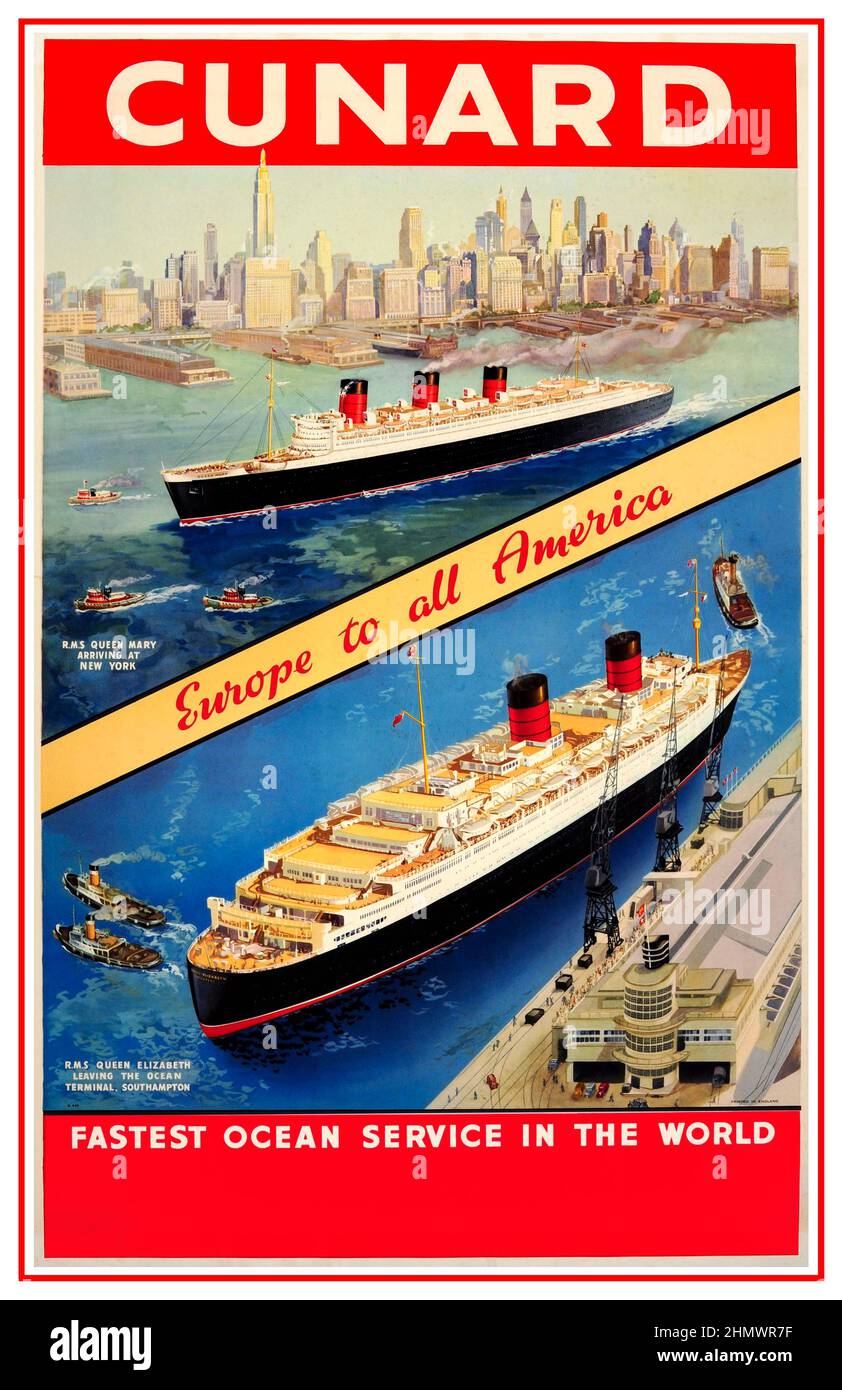 Vintage Cunard Fastest Ocean Service Poster mit RMS Queen Mary und RMS Queen Elizabeth 'EUROPE TO ALL AMERICA' Original Vintage Cunard Poster Queen Mary New York & Queen Elizabeth Southampton 1930s ‘Fastest Ocean Service in the World’ Stockfoto
