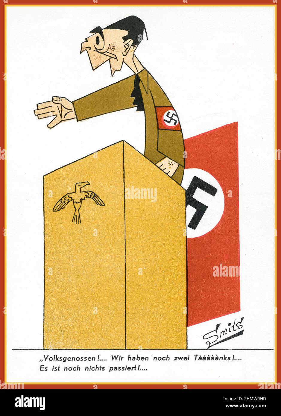 WW2 Dr. Goebbels Karikatur-Propaganda Anti-Nazi-Karte „die Leute ..Comrades..We haben immer noch zwei Panzer und nichts ist passiert“ Volksgenossen Wir haben noch zwei taaaaaanks Es ist nichts passiert ! Von Künstler Smits Nazi-Deutschland 2. Weltkrieg 2. Weltkrieg 1944 Stockfoto