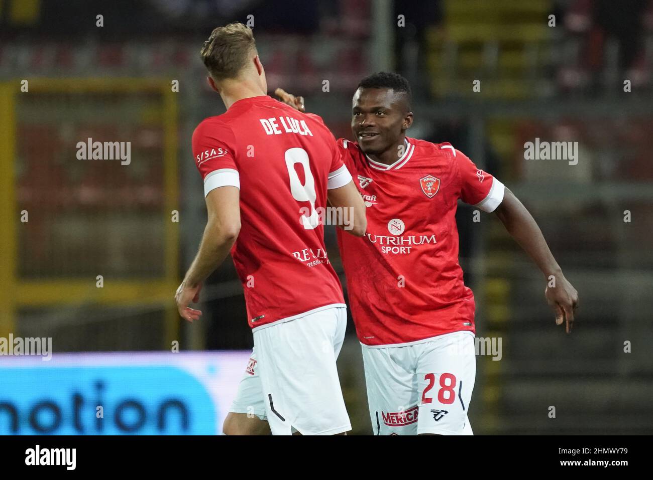 Stadio Renato Curi, Perugia, Italien, 12. Februar 2022, De luca manuel (n. 09 perugia calcio)&#XA; esulta 3-0 während AC Perugia gegen Frosinone Calcio - Italienisches Fußballspiel der Serie B Stockfoto