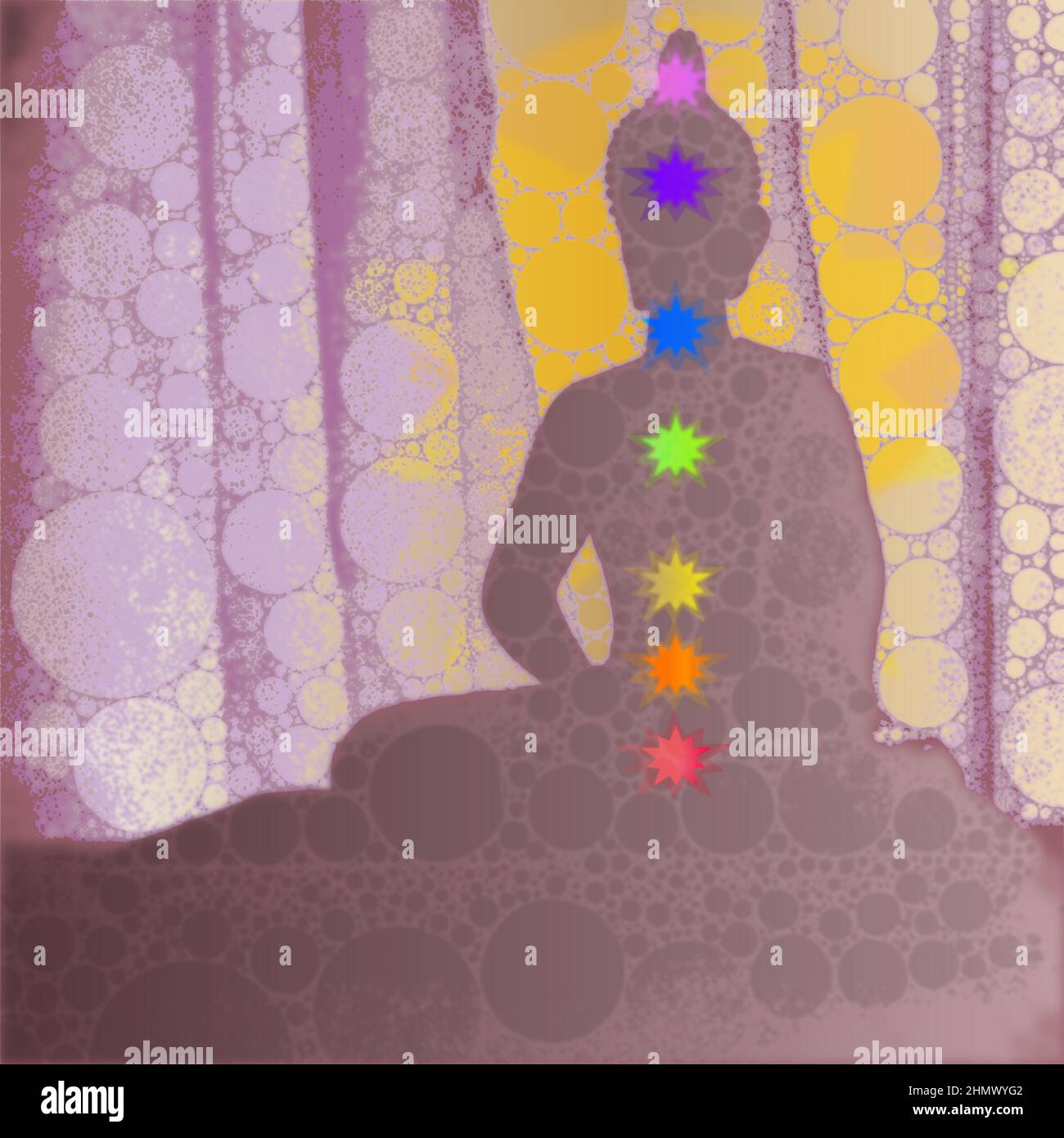 Purpurner buddha mit sieben Chakren. Der buddha hat eine goldene Aura und sitzt vor Vorhängen Stock Vektor
