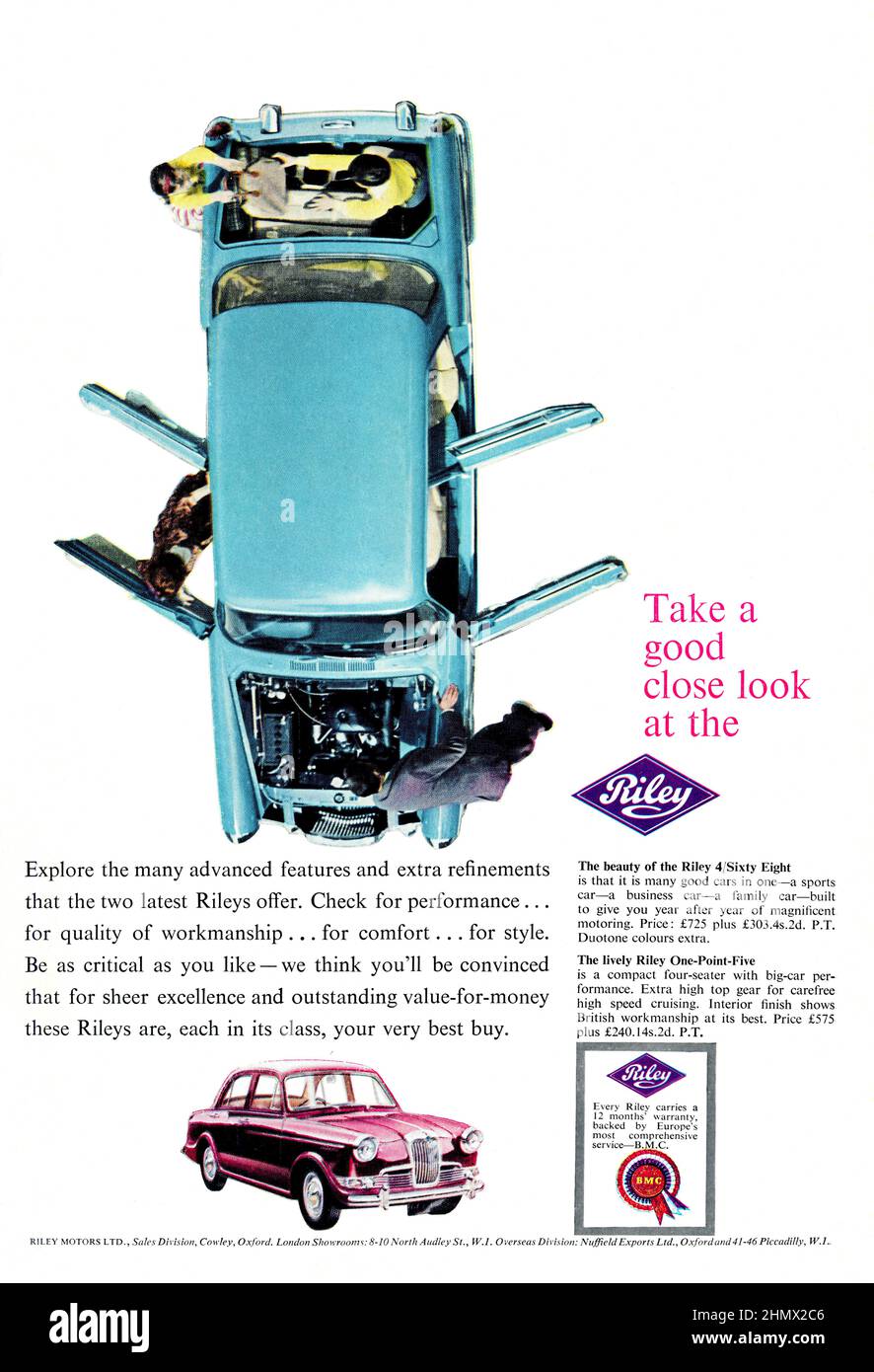 Eine Vintage-Anzeige für die Riley-Reihe von Automobilen, vom Motor Magazine, Oktober 1960 Stockfoto Eine Vintage-Anzeige für die Riley-Reihe von Automobilen, vom Motor Magazine, Oktober 1960 Stockfoto