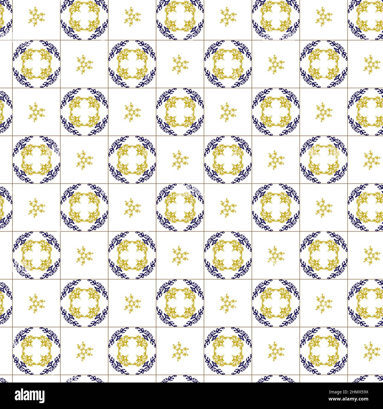 Azuleyo nahtlose Muster gelb und blau Ornament.Portugal geometrische Keramik. Stock Vektor